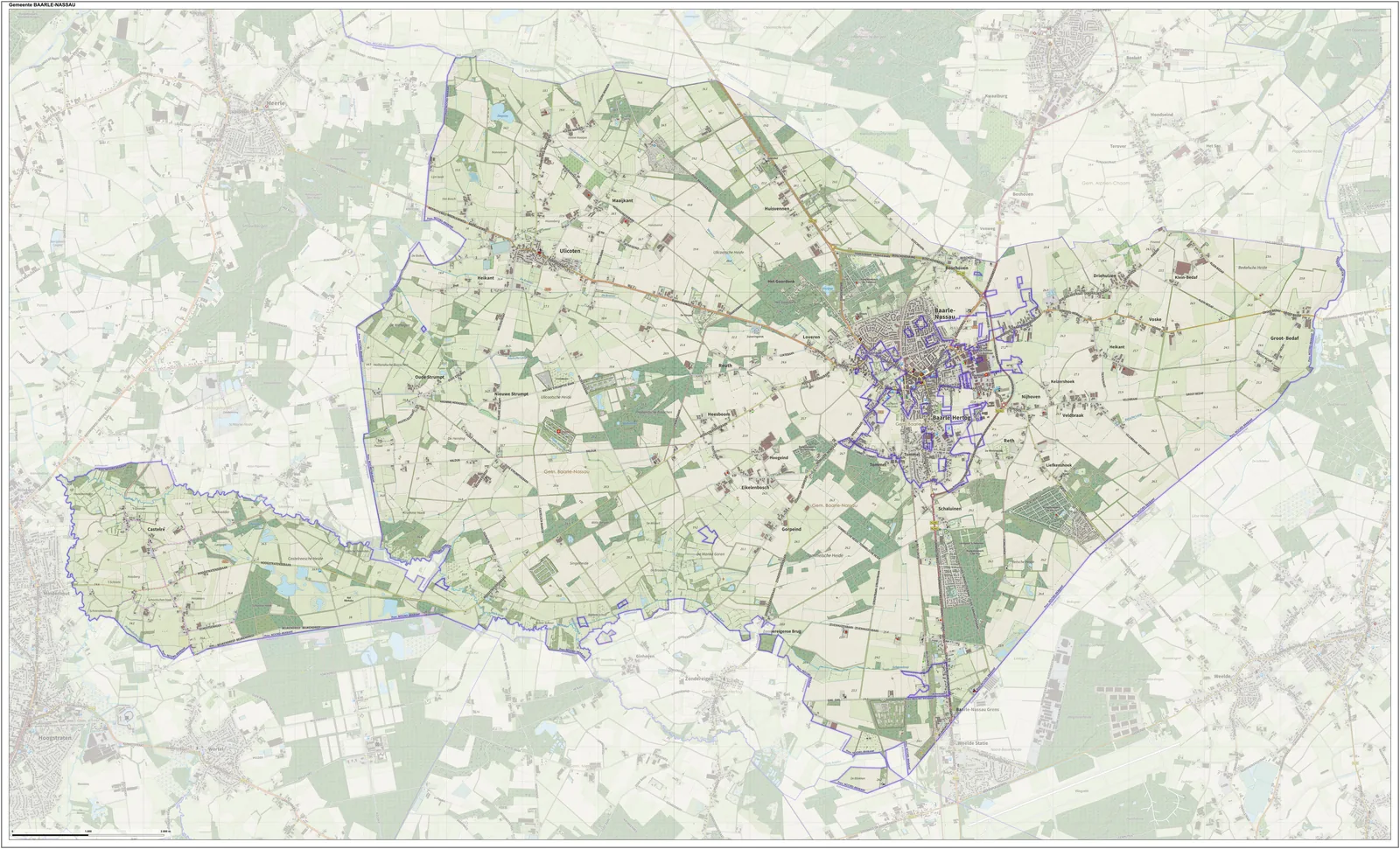 Topographic map of Baarle-Nassau, Netherlands, with the Belgian enclaves of Baarle-Hertog outlined inside it.